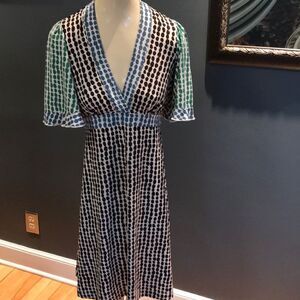 BCBGMAXAZRIA green/brown/blue print stretch dress